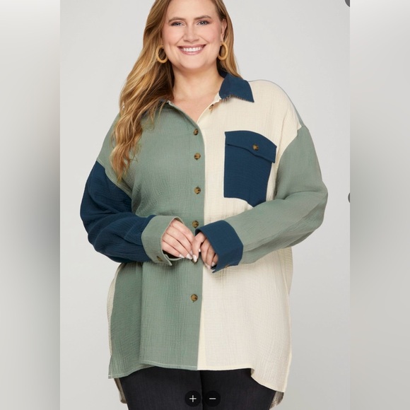 She + Sky Tops - She + Sky Colorblock Button Down Shirt - Green, Cream, and Blue. **NEW**